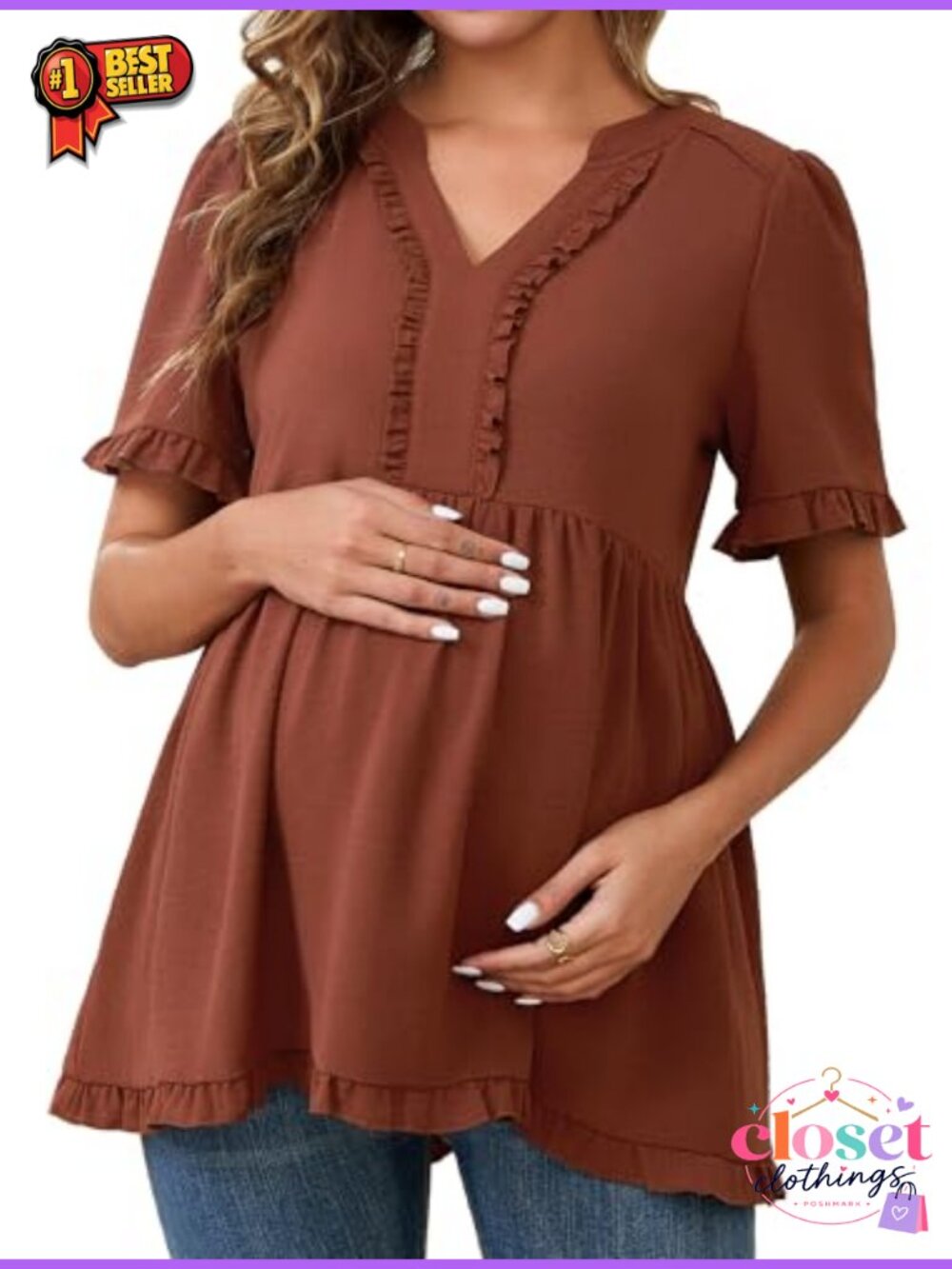 Maternity Blouse Boho Flowy Ruffled Babydoll V-Neck Top